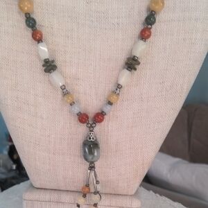 Multicolor Agate & Jade Beaded Necklace, Vintage Beggars Design 26+3 " Long,